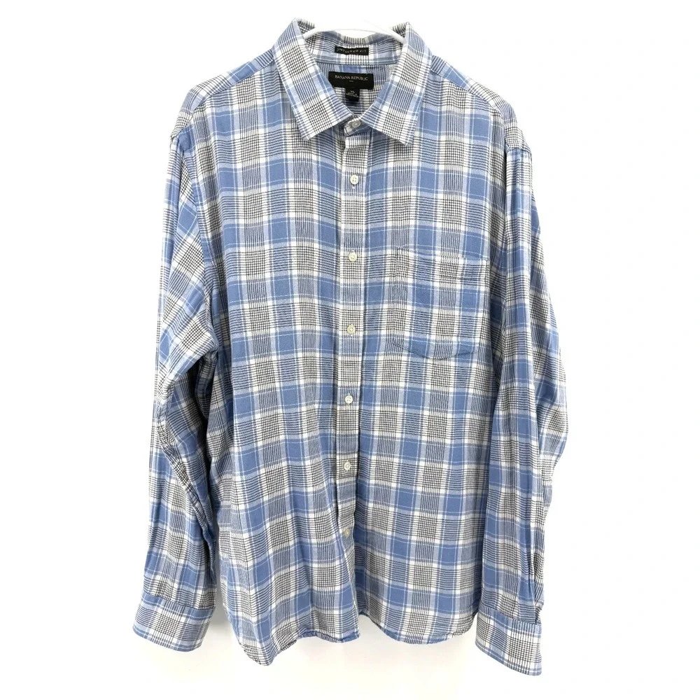 Banana Republic Untucked Fit Blue White Plaid Cotton Casual Long Sleeve Men XL